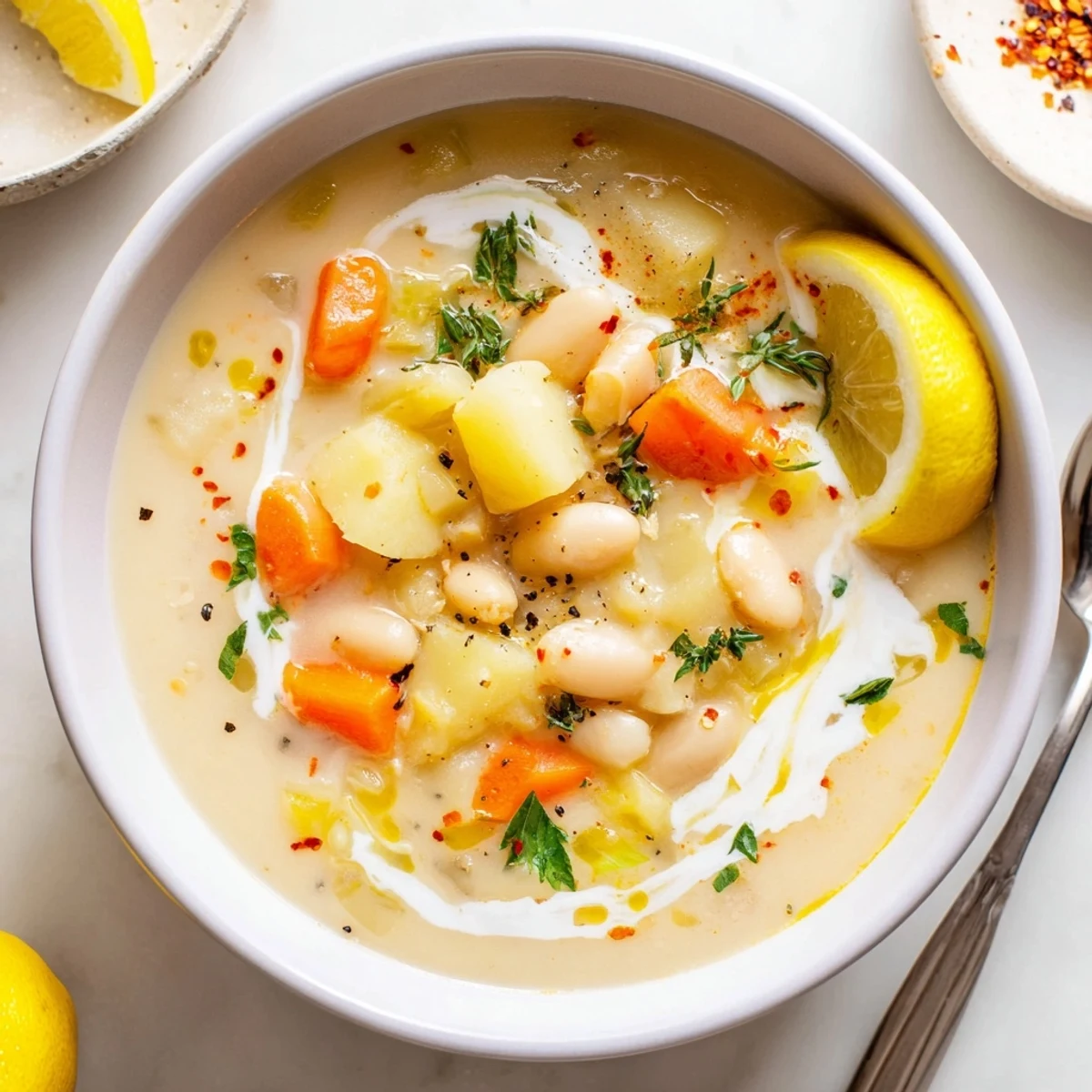 A ladle pouring Cozy Lemon White Bean Potato Soup over crusty bread.