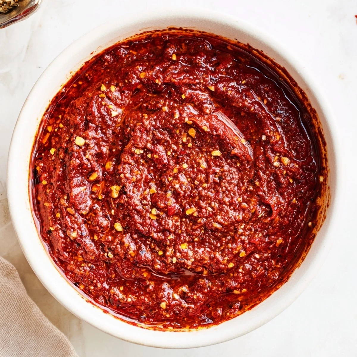 Homemade Sun Dried Tomato Sauce in blender, herbaceous, perfect for crusty bread