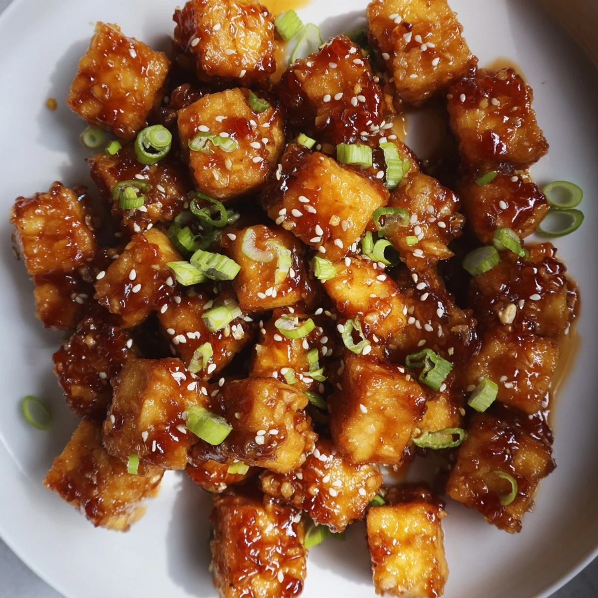 Golden crispy honey garlic tofu cubes glazed in shiny sweet savory sauce on white plate