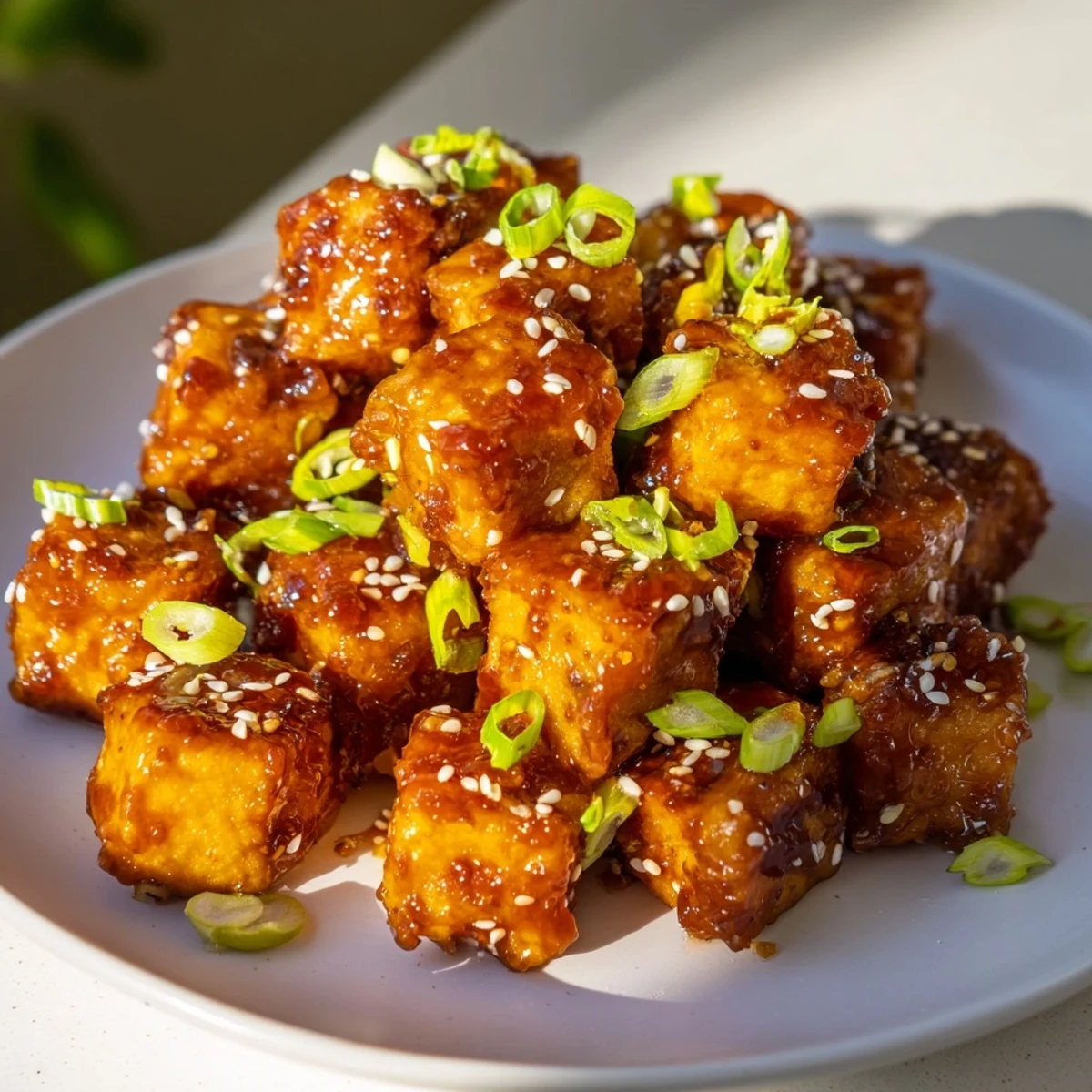 Pan fried tofu tossed in thick honey garlic sauce served over steamed white rice bowl