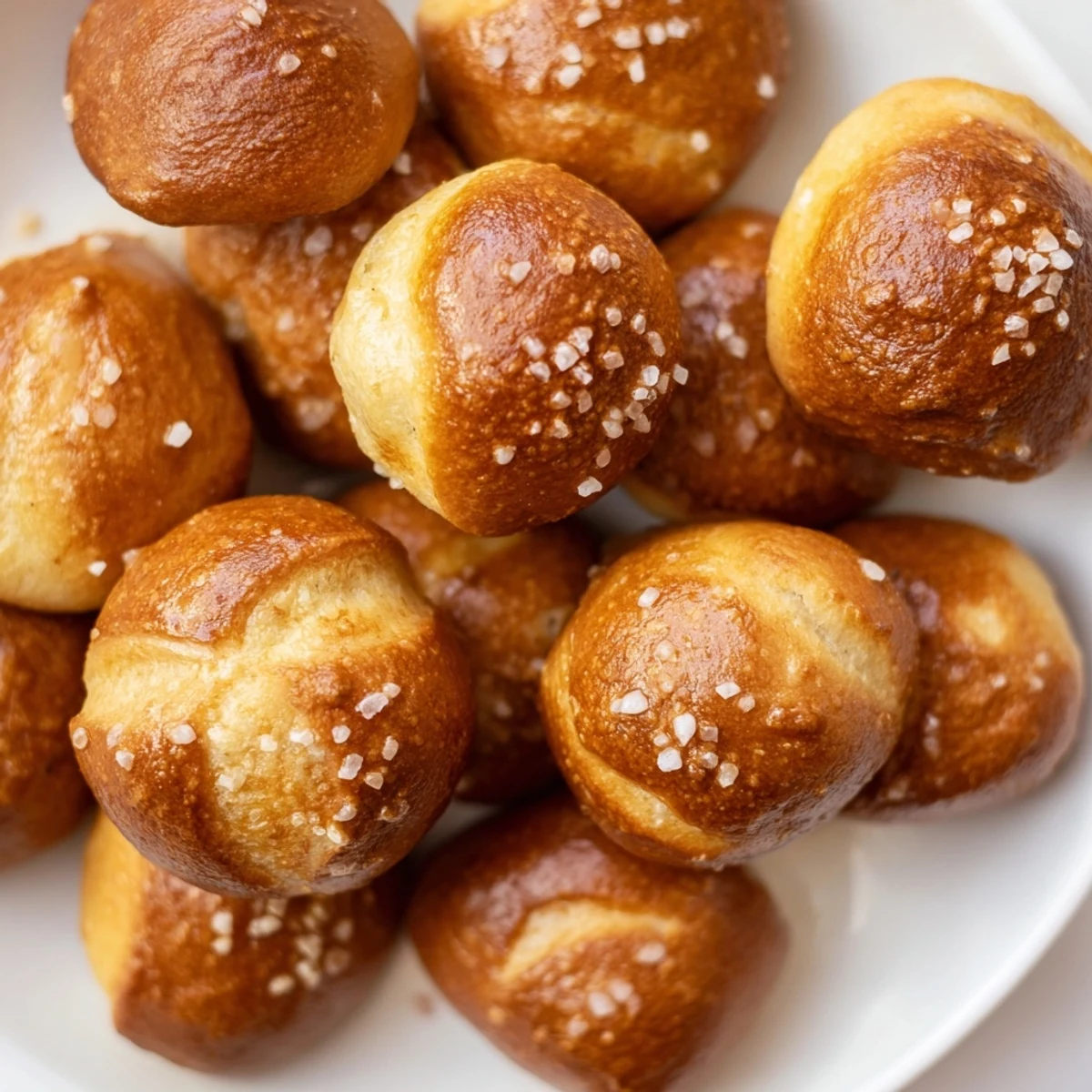 Golden homemade soft pretzel bites sprinkled with coarse sea salt on a wooden board
