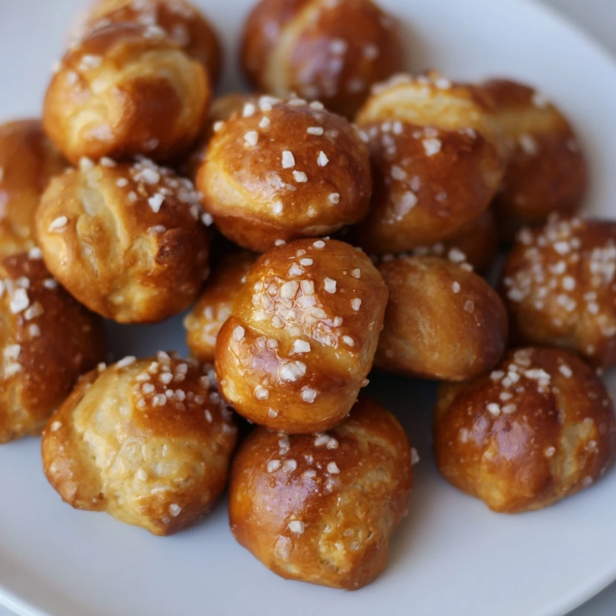 Chewy homemade soft pretzel bites arranged on parchment paper after baking to golden brown