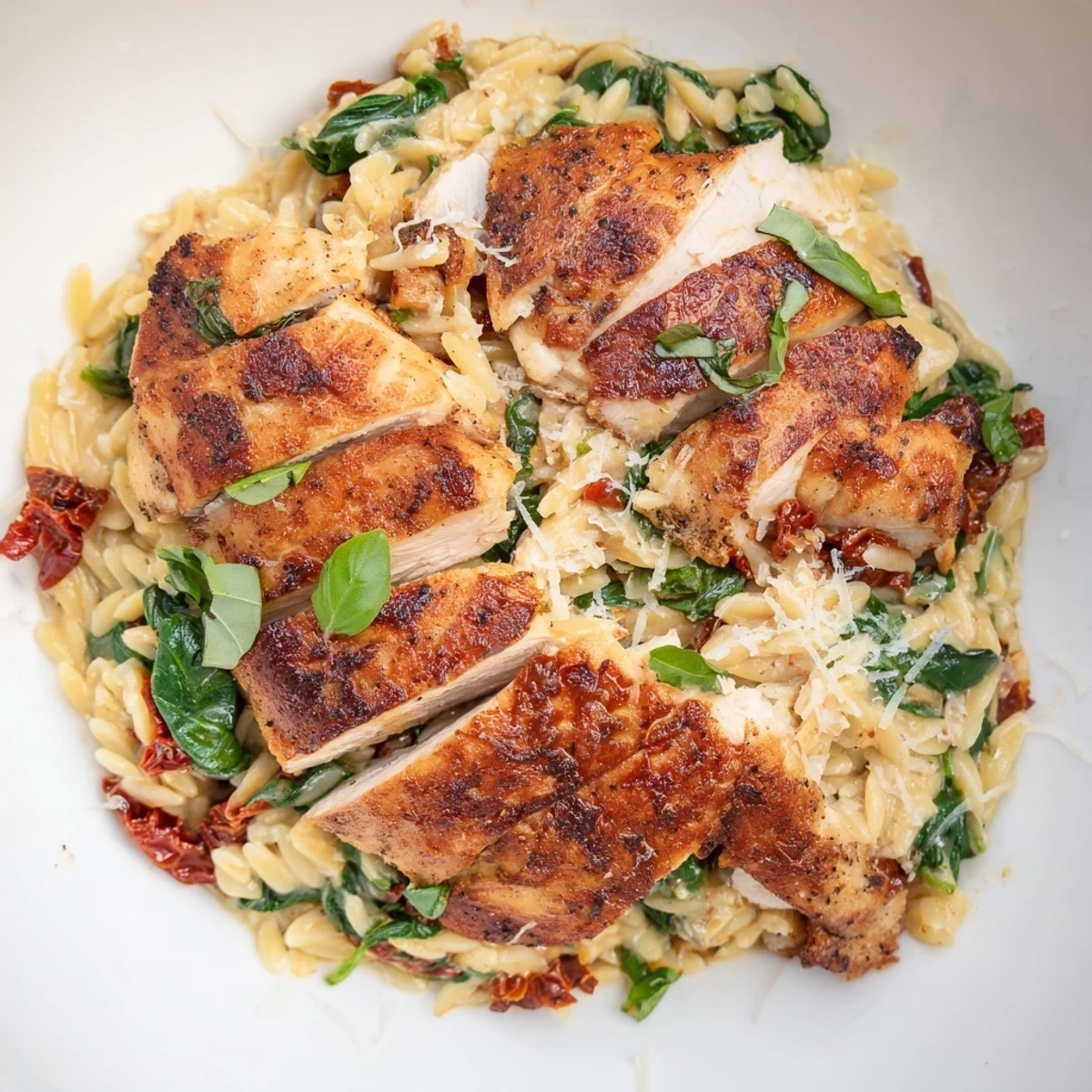 Creamy Marry Me Chicken Orzo with tender sliced chicken in sundried tomato sauce