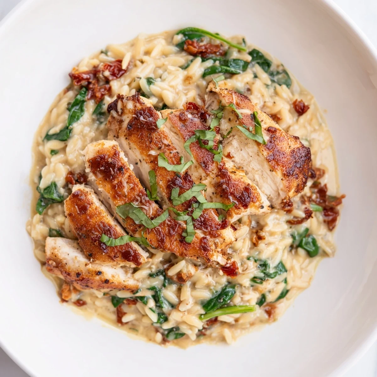 Golden seared chicken breast resting atop cheesy orzo pasta in rich cream sauce