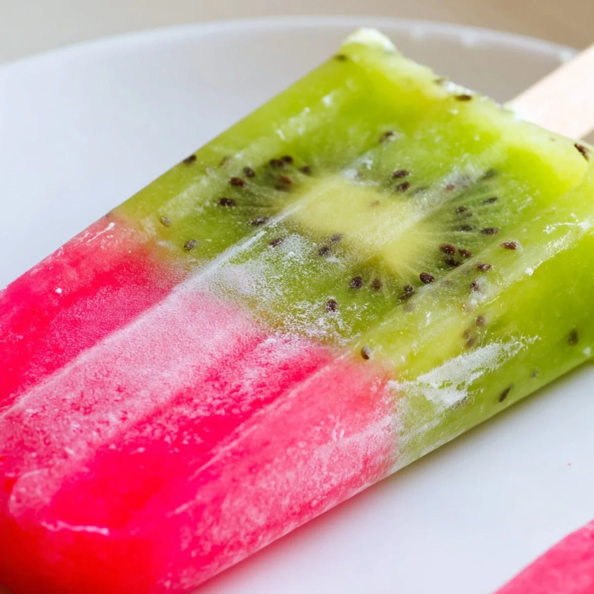 Watermelon kiwi fruit pops displaying vibrant red and green layered frozen dessert on wooden popsicle sticks