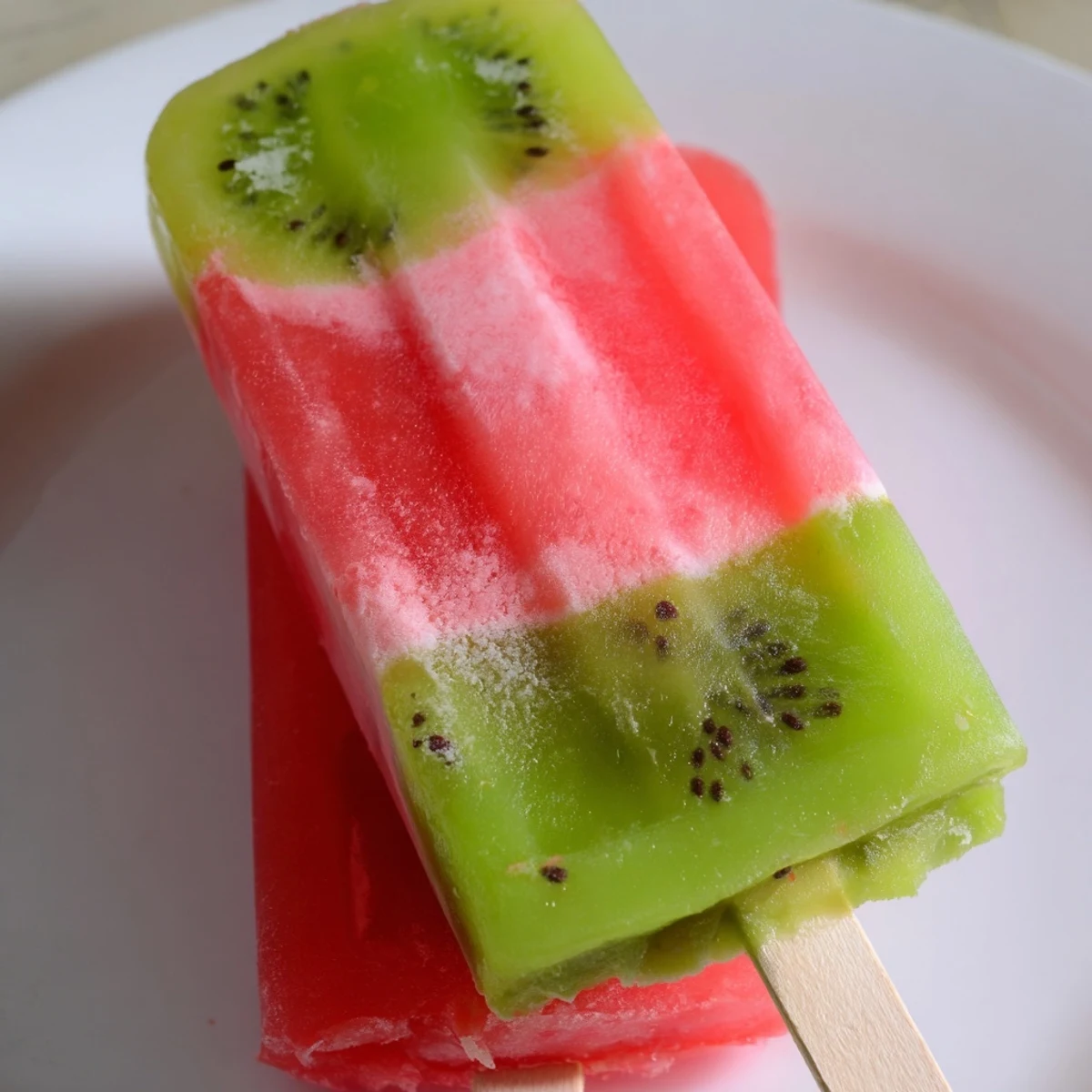 Refreshing two-toned watermelon kiwi fruit pops with sunny outdoor summer serving presentation