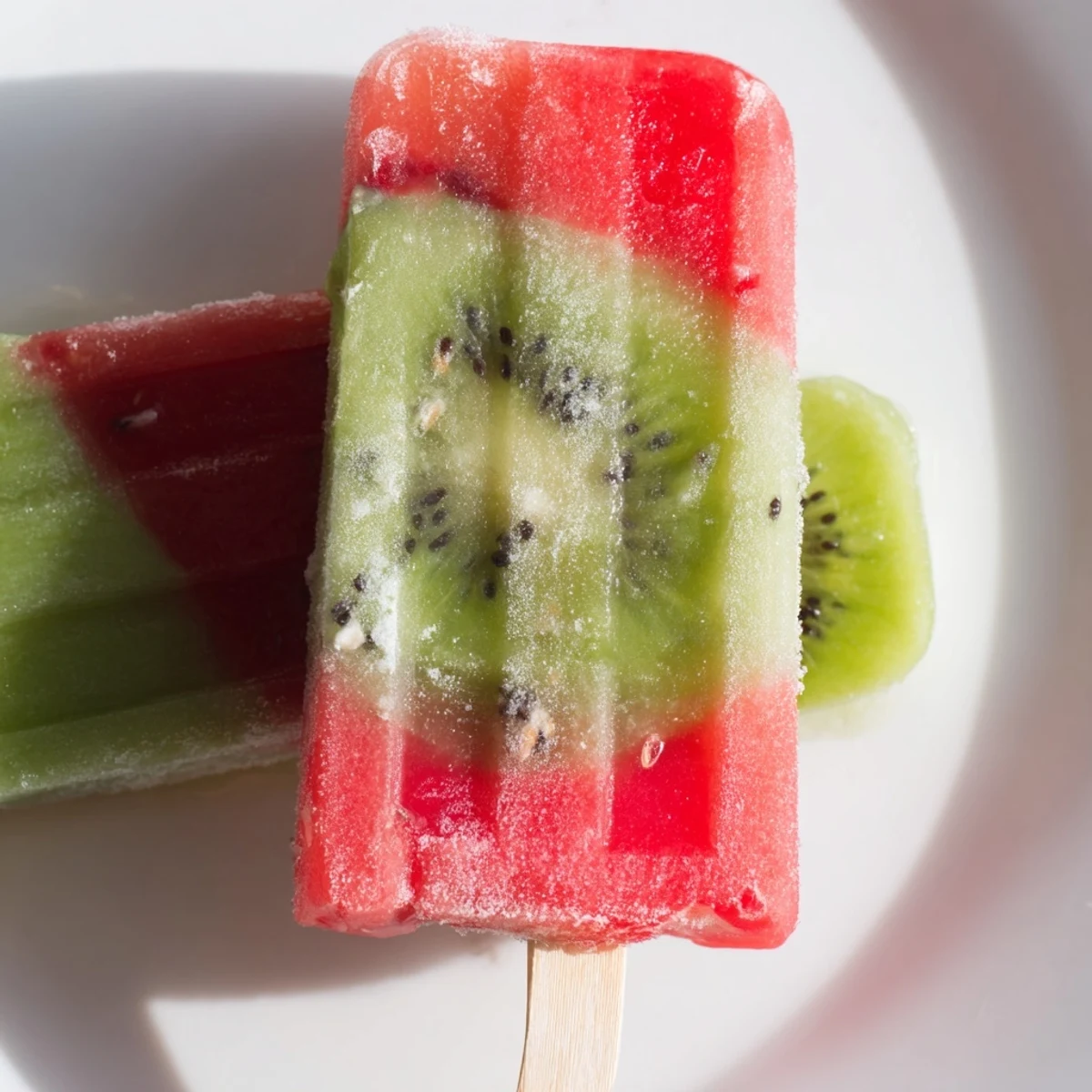 Homemade watermelon kiwi fruit pops showing colorful swirls in popsicle molds ready for freezing