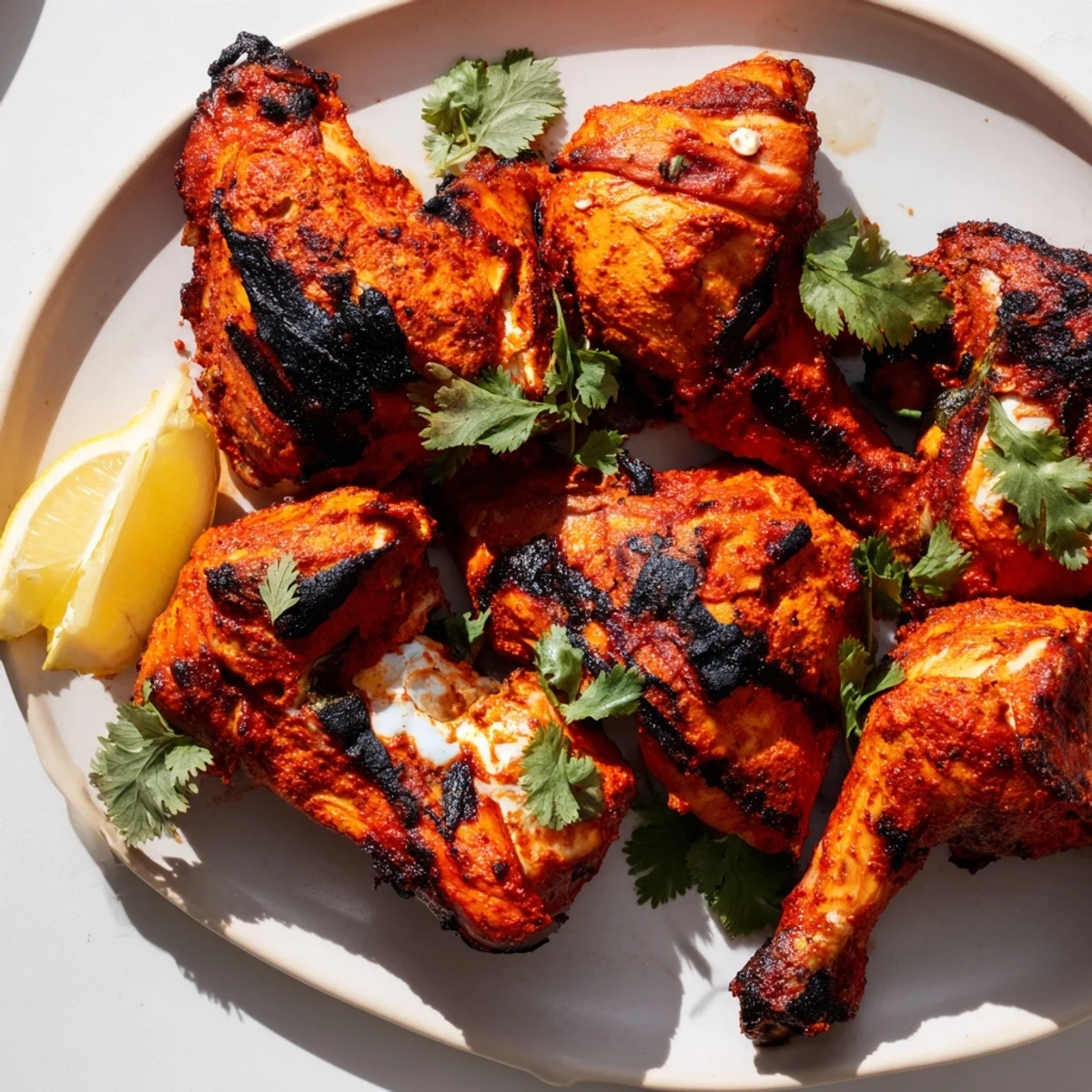 Golden Tandoori Chicken with crispy charred edges served with fresh cilantro and lemon wedges