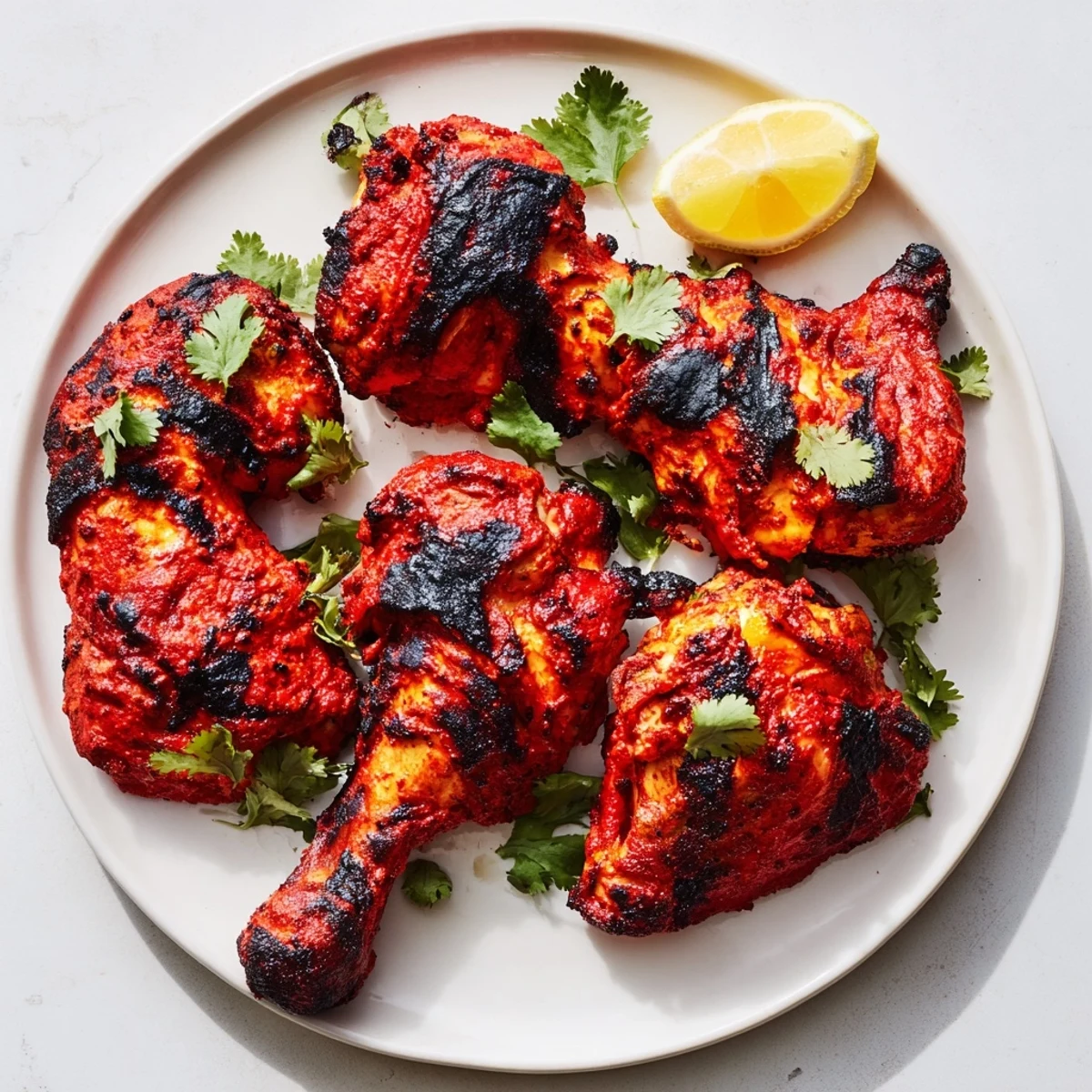 Tandoori Chicken featuring tender marinated meat brushed with butter and garnished with green herbs