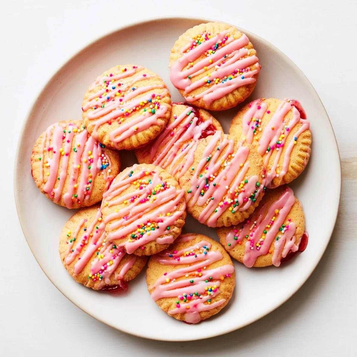 Soft buttery strawberry Pop Tart cookies drizzled with pink vanilla glaze and colorful sprinkles