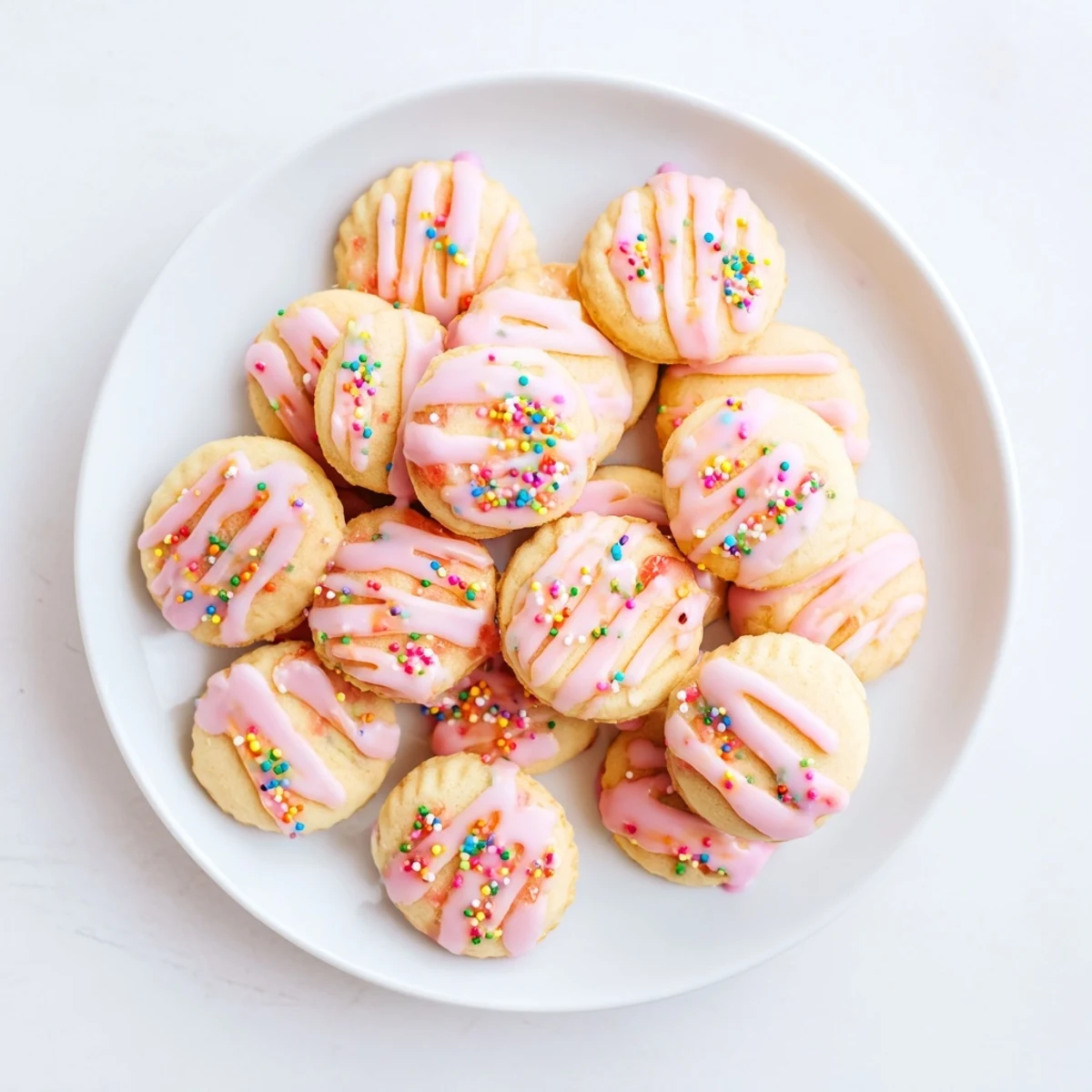 Golden strawberry Pop Tart cookies featuring strawberry jam filling and festive sprinkled glaze
