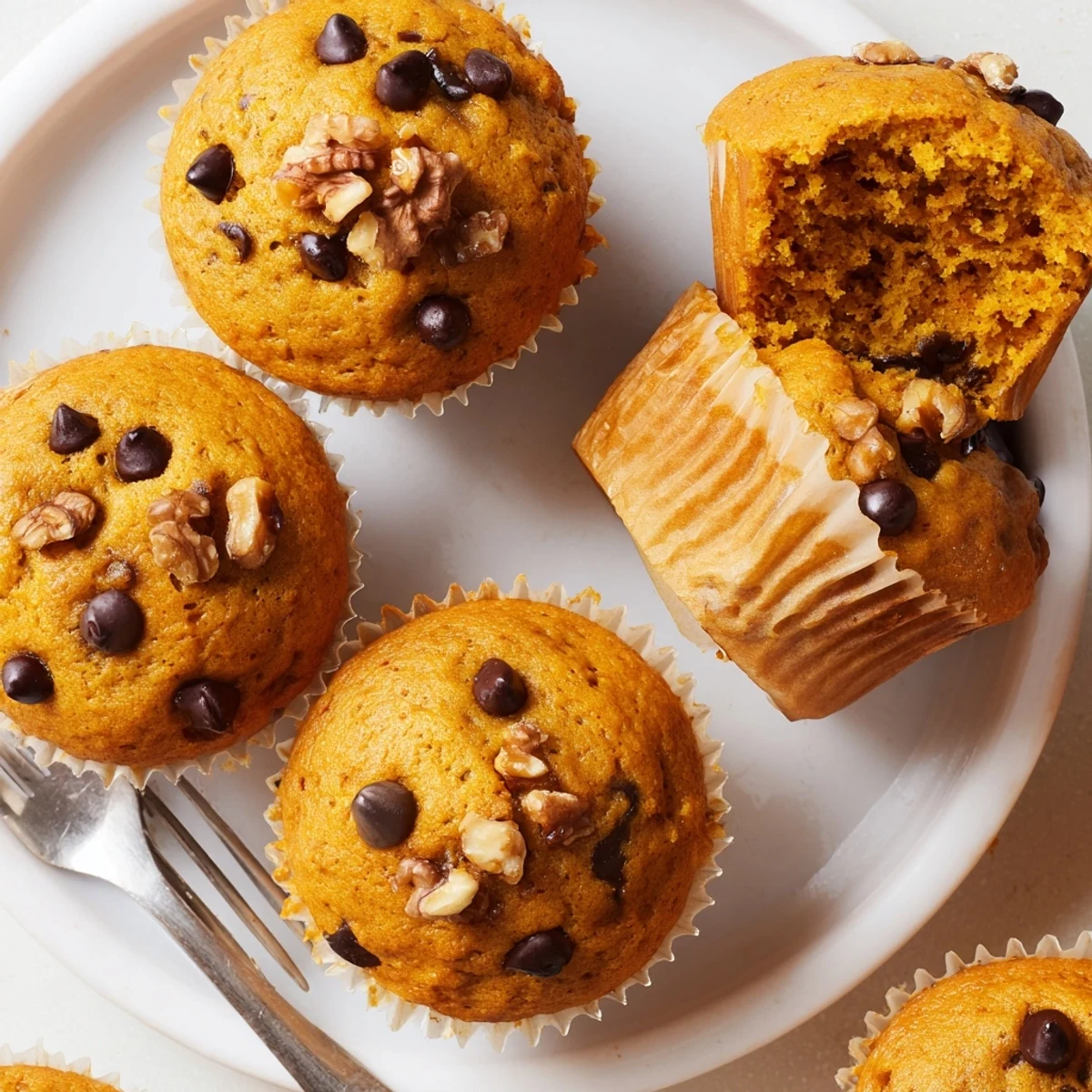 Golden butternut squash banana muffins topped with walnuts on a wooden board