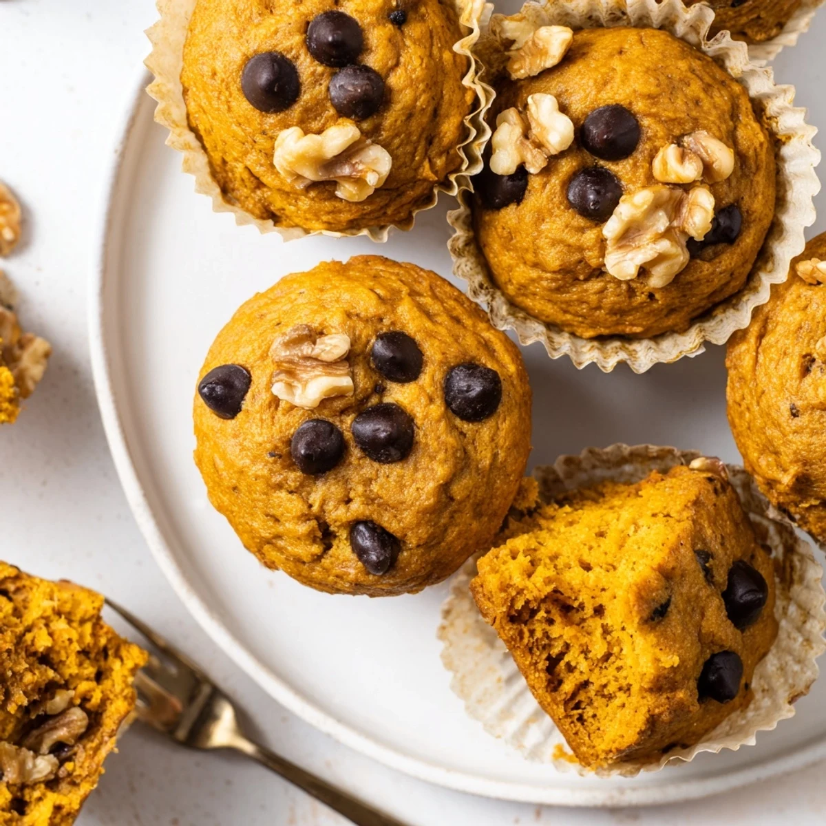 Spiced butternut squash banana muffins with chocolate chips on white serving plate
