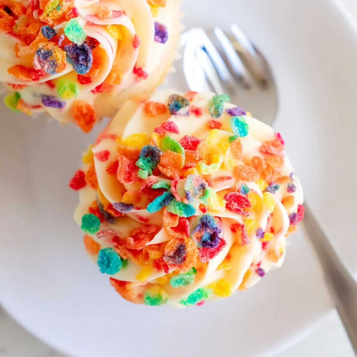 Vibrant Fruity Pebbles cereal frosting piped onto cupcakes with colorful cereal garnish