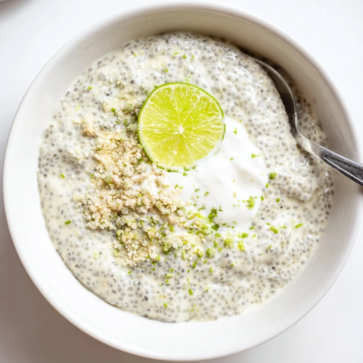 A chilled Key Lime Chia Pudding topped with coconut yogurt and zest