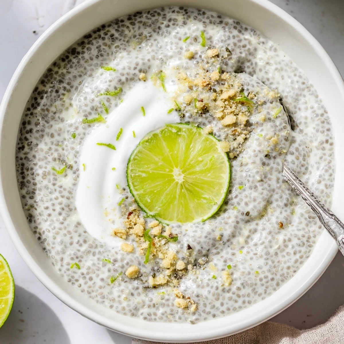 Bright, citrusy Key Lime Chia Pudding spooned from bowl, graham crumbs