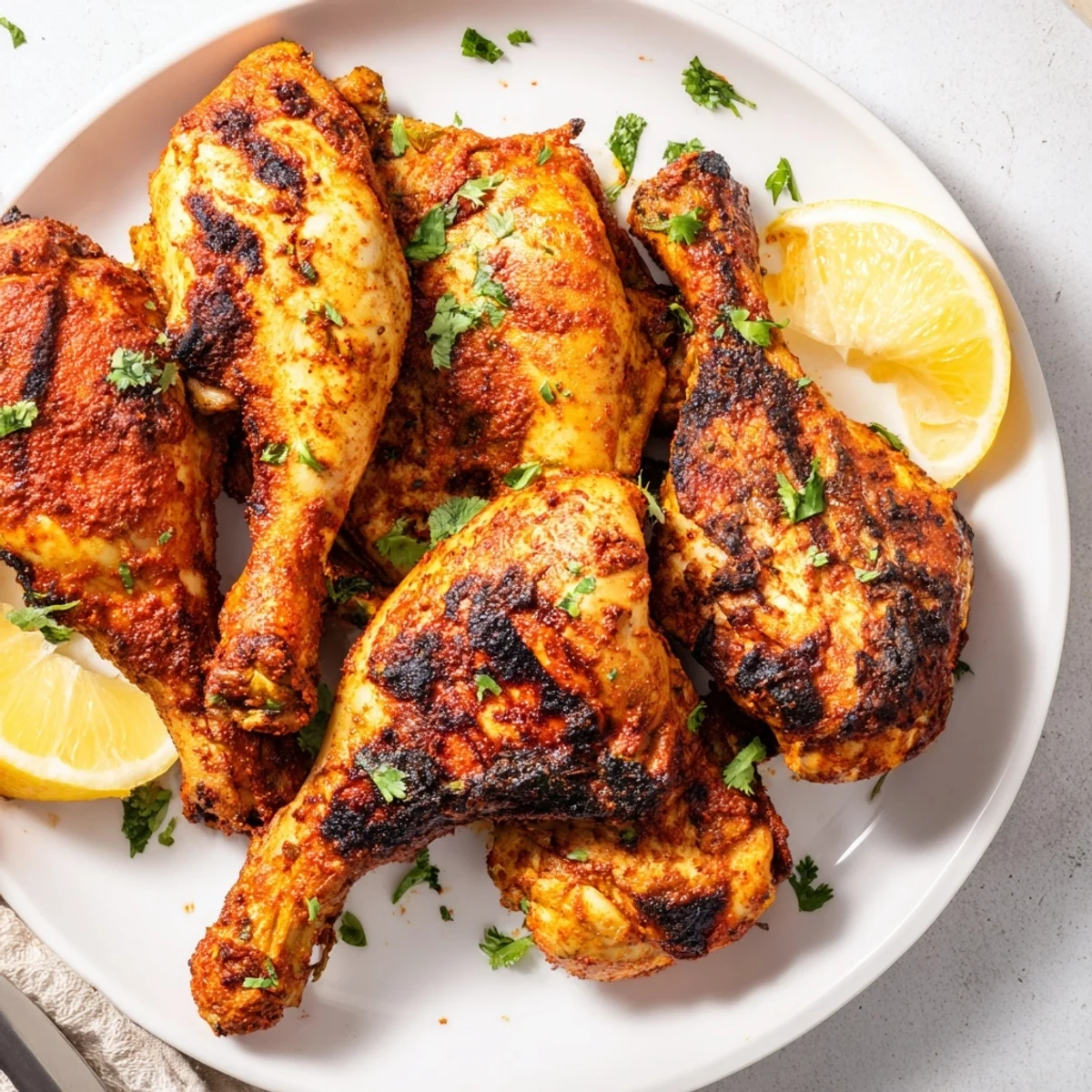Tandoori Chicken sizzling with charred edges, served with lemon wedges and cilantro.
