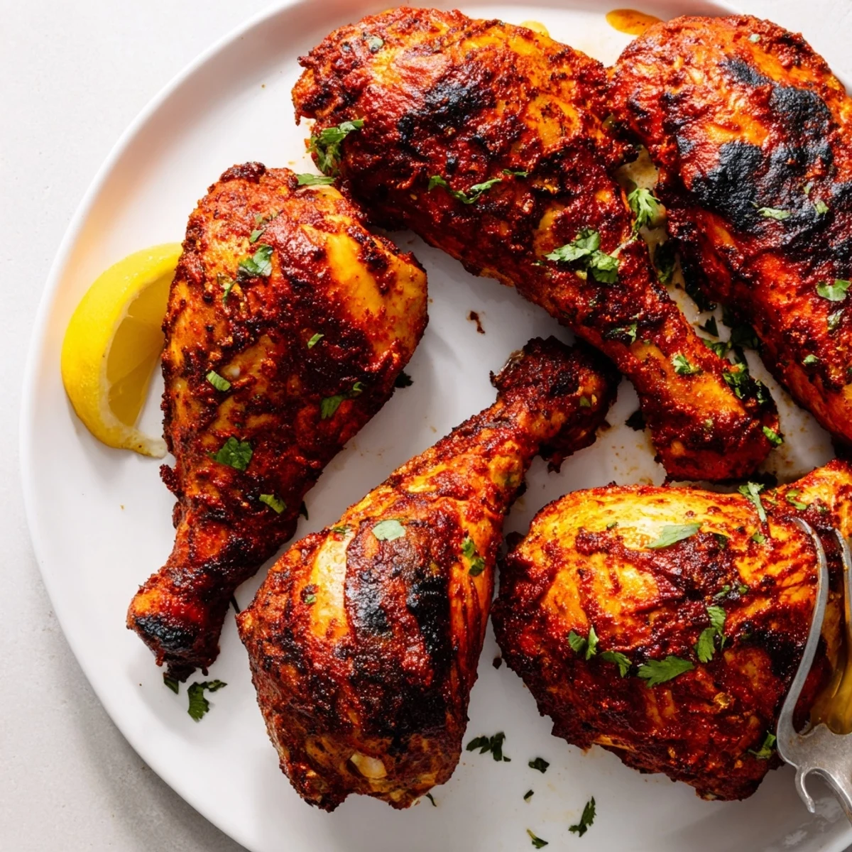 Grilled Tandoori Chicken bright red spice crust, juicy interior, served hot.