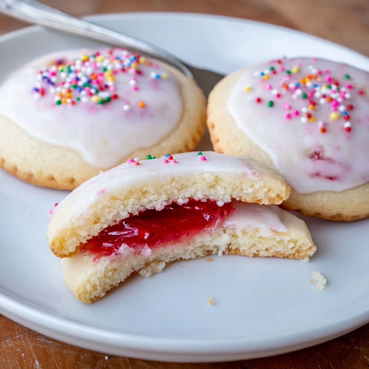 Strawberry Pop Tart Cookies with glossy pink glaze and rainbow sprinkles, cooling.