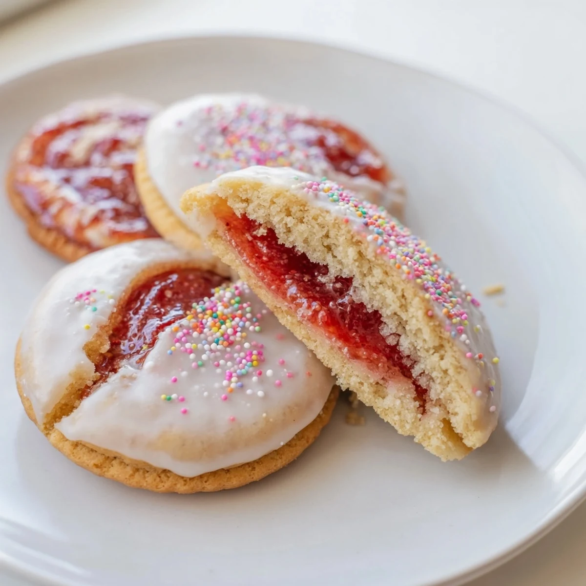 Tray of warm Strawberry Pop Tart Cookies, buttery edges and jam oozing.