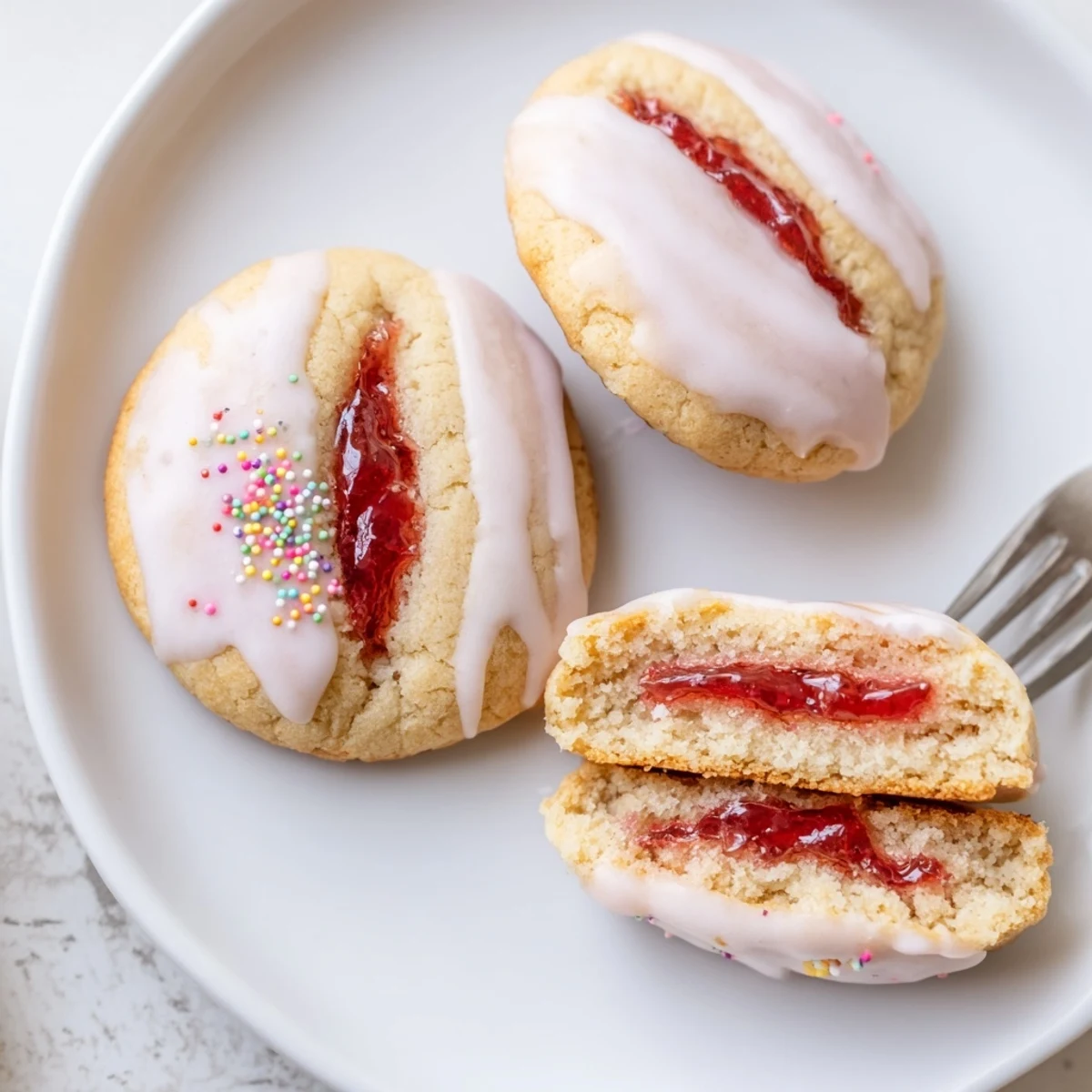Serve Strawberry Pop Tart Cookies with cold milk, sweet jam center and crunch.