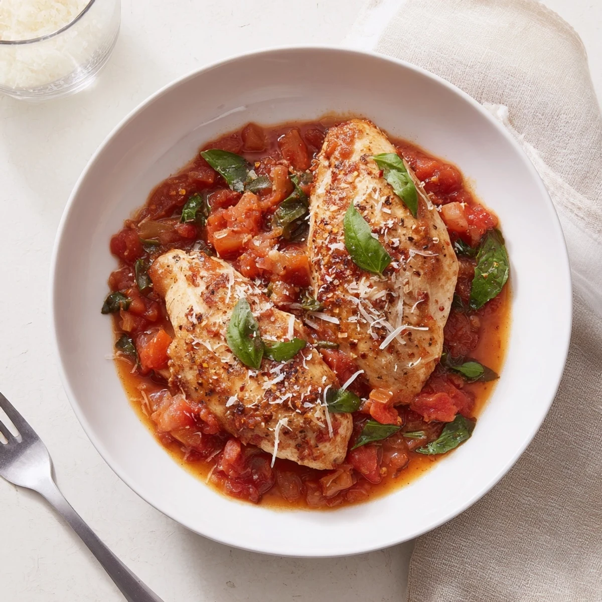 Golden seared chicken pomodoro delight nestled in rich, bubbly tomato basil sauce