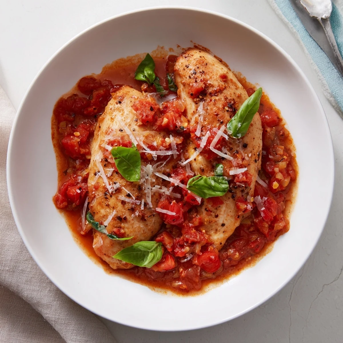 Tender chicken pomodoro delight topped with fresh basil and Parmesan cheese