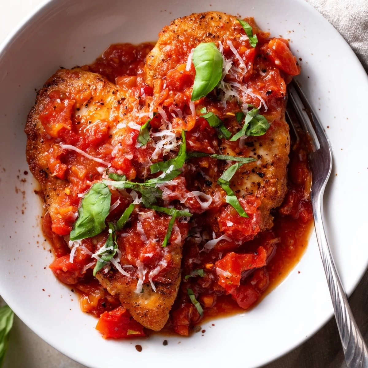 Steaming skillet of chicken pomodoro delight served over gluten-free pasta with herbs