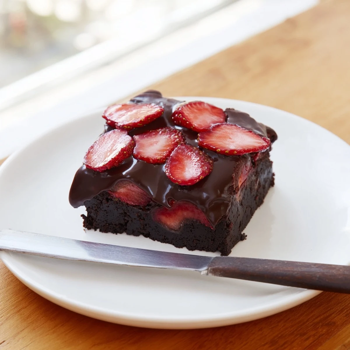 Rich Chocolate Covered Strawberry Brownies with glossy ganache coating fresh berry slices