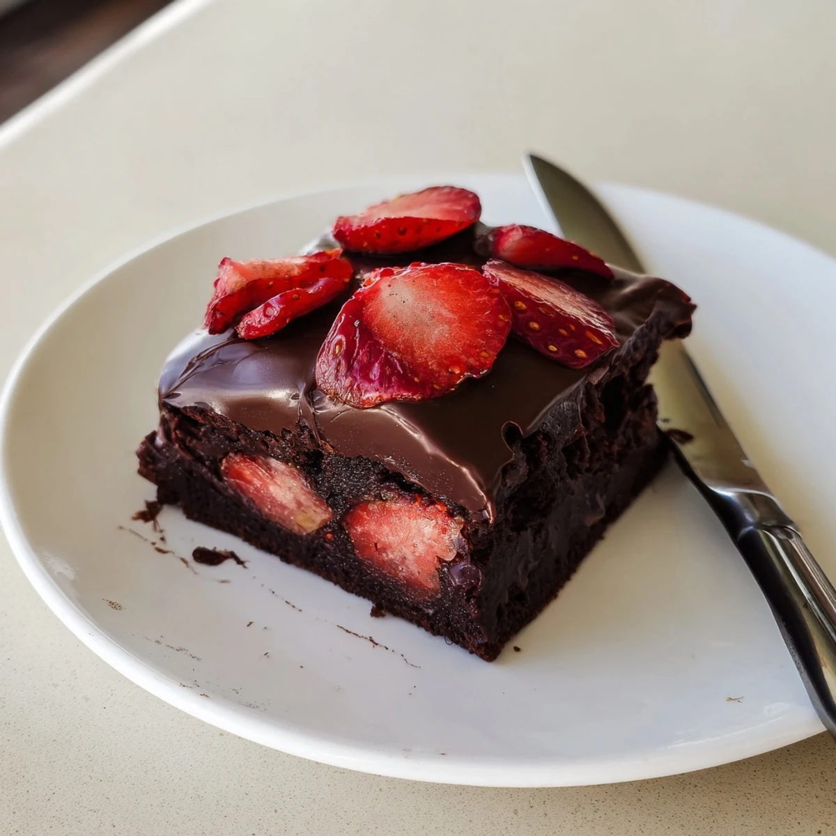 Decadent Chocolate Covered Strawberry Brownies sliced into fudgy squares topped with strawberries