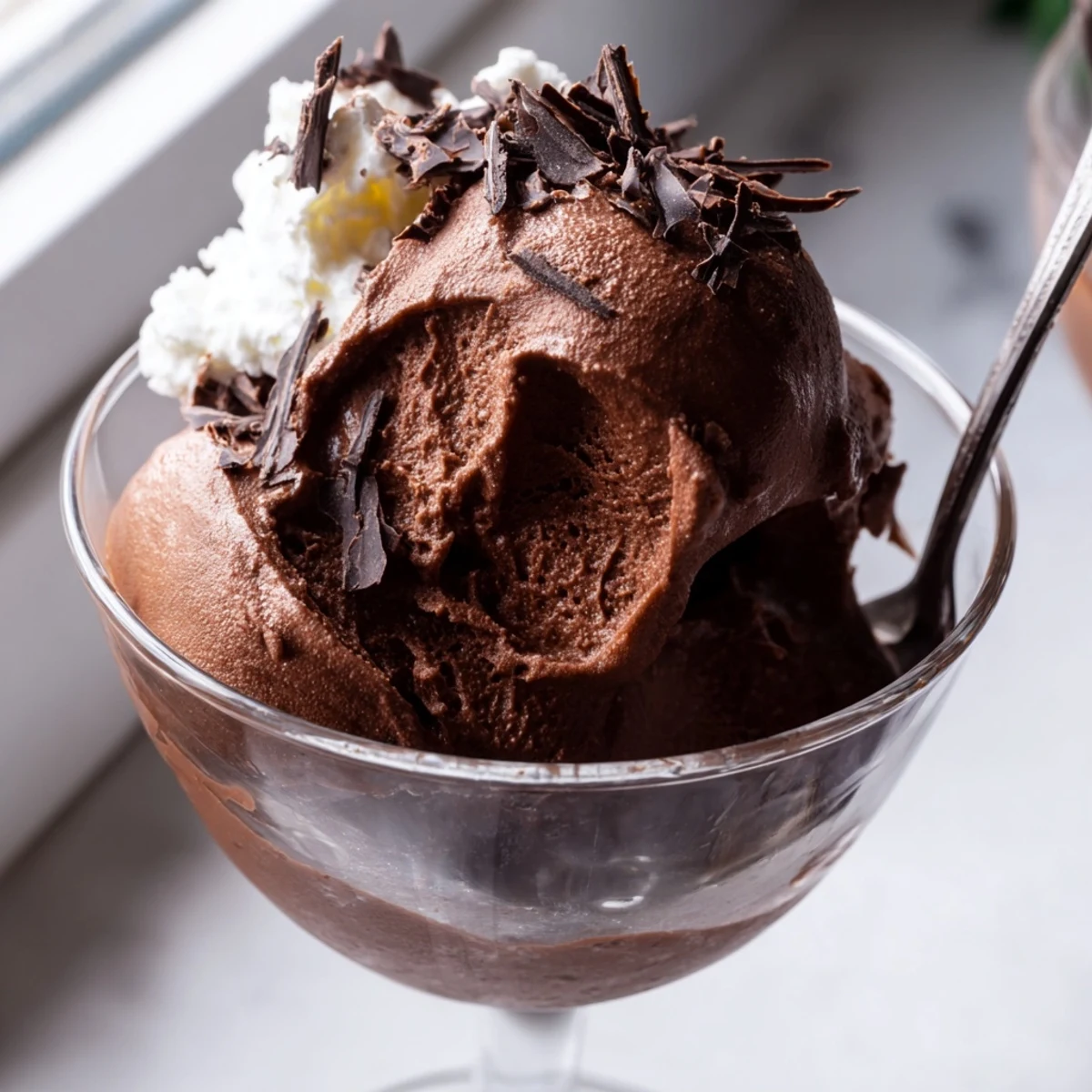 Creamy chocolate mousse served in elegant glasses topped with dark chocolate shavings