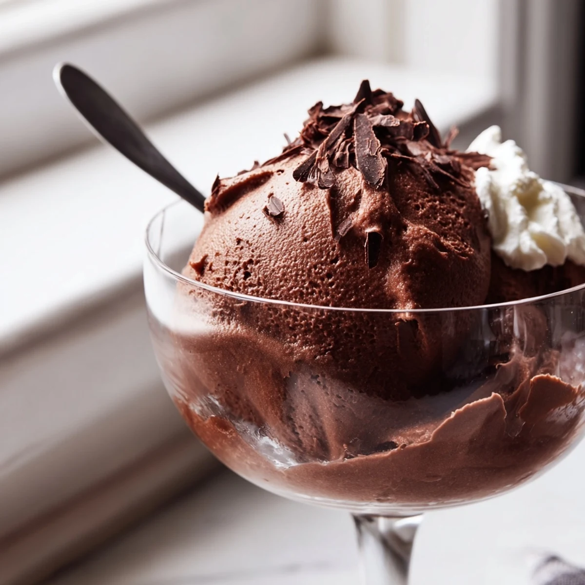 Velvety chocolate mousse spooned into dessert cups with a dollop of whipped cream