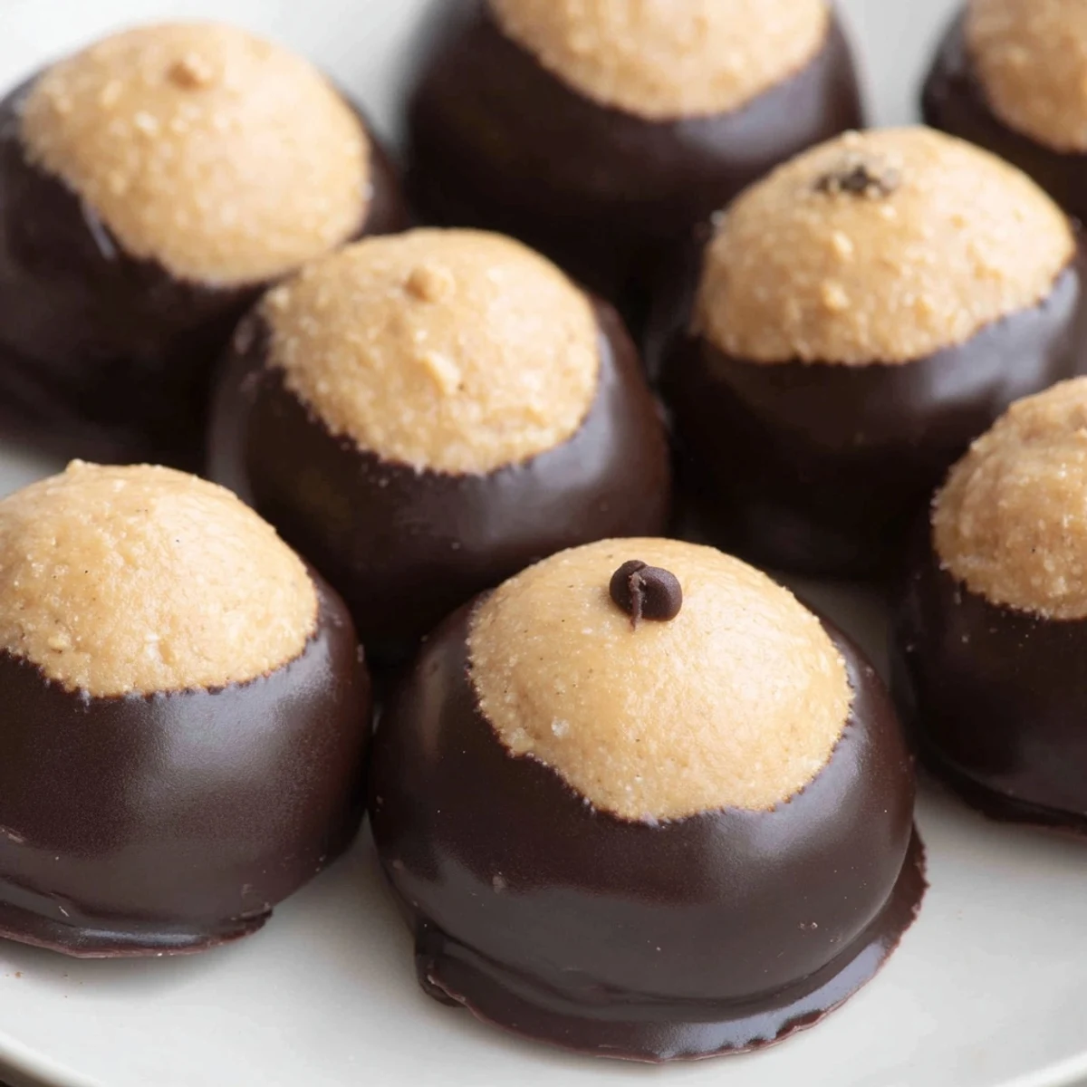 Golden buckeye cookies with creamy peanut butter centers dipped in rich semisweet chocolate