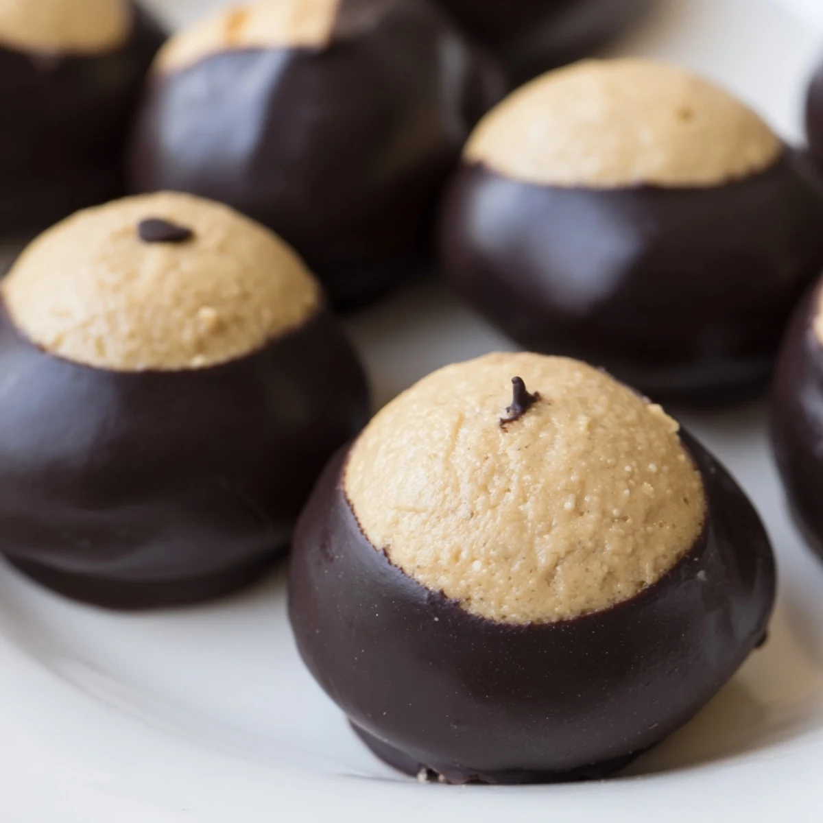 Homemade buckeye cookies nestled in a paper liner dusted with powdered sugar