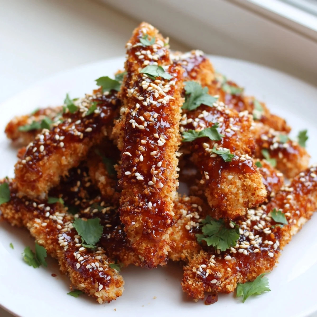 Crispy Thai Sticky Chicken Fingers coated in a glossy, sweet and spicy sauce on a platter