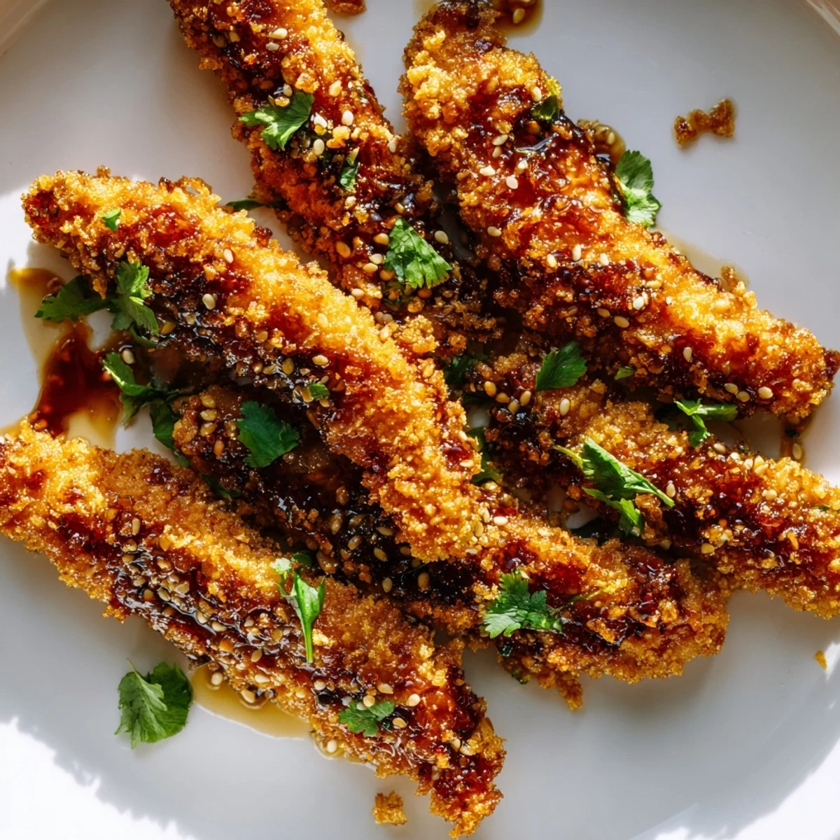 Golden Thai Sticky Chicken Fingers garnished with fresh cilantro and sesame seeds, ready to serve
