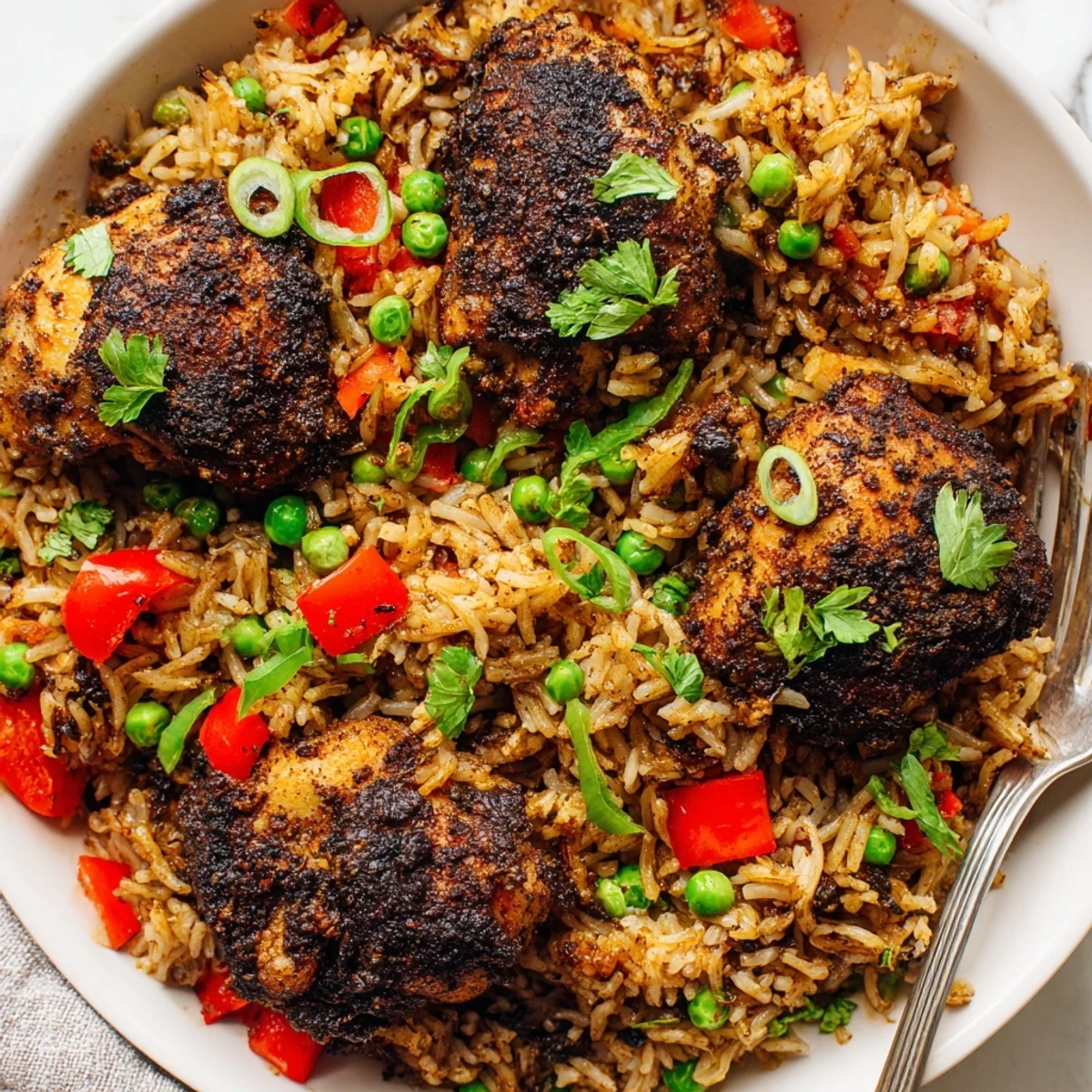 Spicy jerk chicken rice garnished with fresh cilantro and spring onions