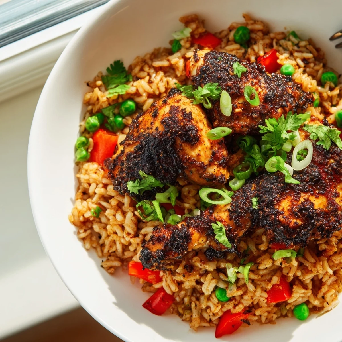 Golden brown jerk-seasoned chicken thighs nestled in fragrant coconut rice