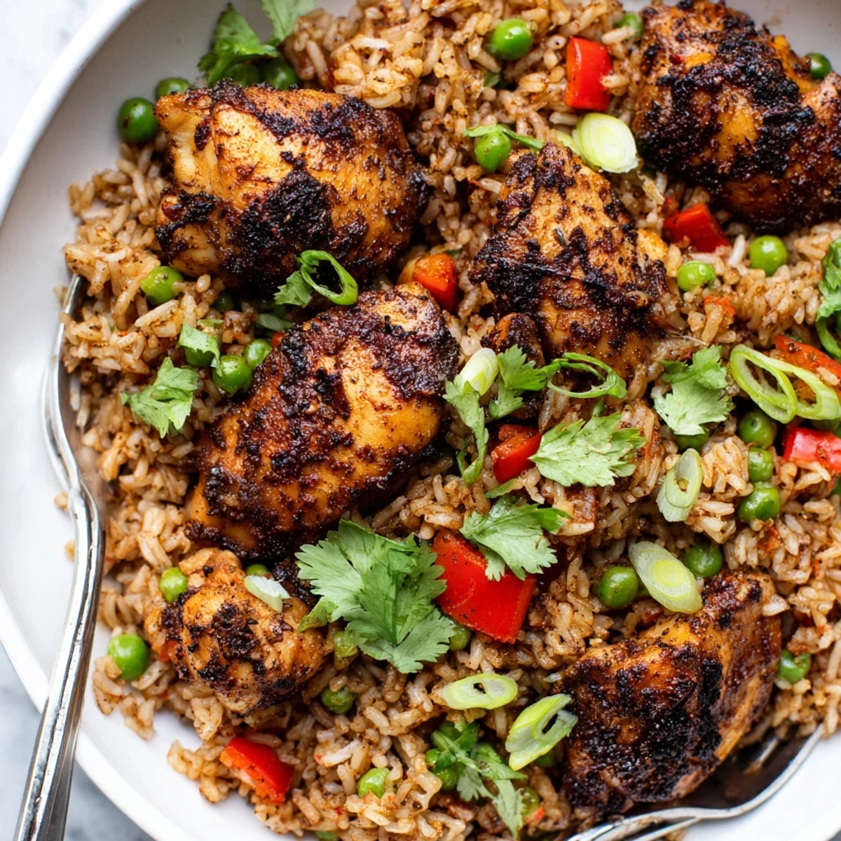 Steaming plate of spicy jerk chicken rice with tender peas and peppers