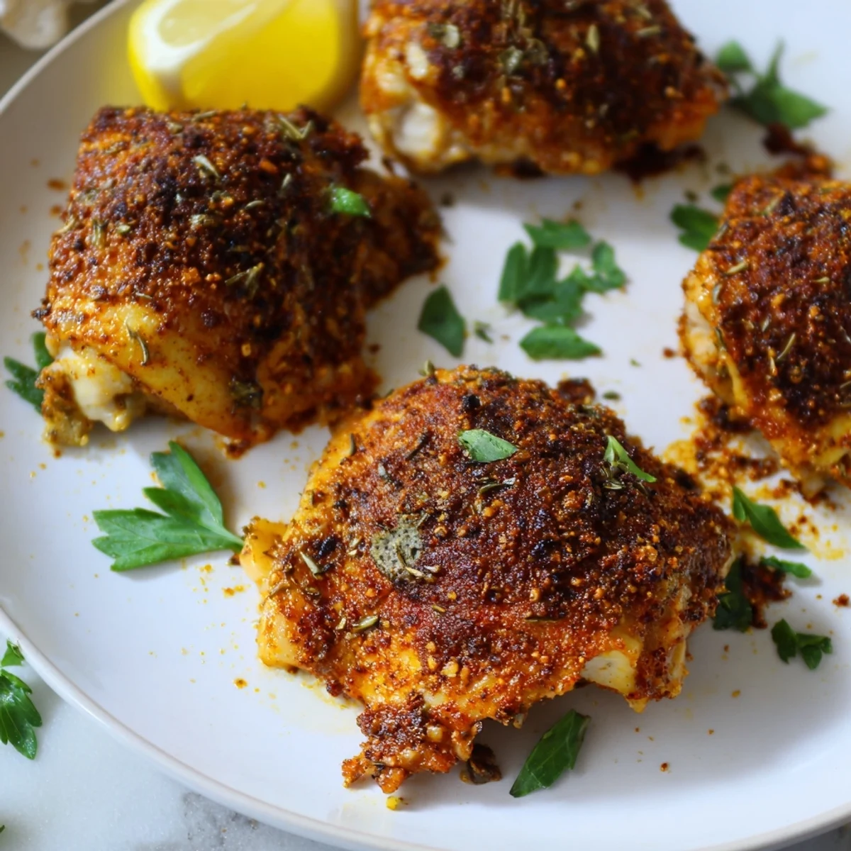 Crispy oven baked chicken thighs with golden skin on a foil-lined baking sheet