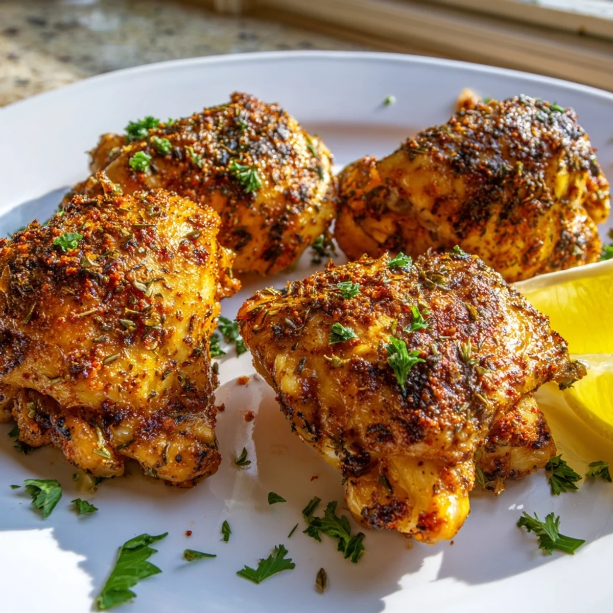 Juicy oven baked chicken thighs garnished with fresh parsley and lemon wedges