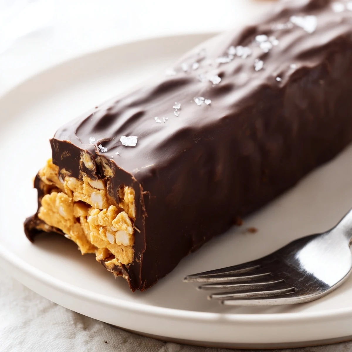 Golden crispy healthy homemade Butterfingers bars coated in glossy melted dark chocolate