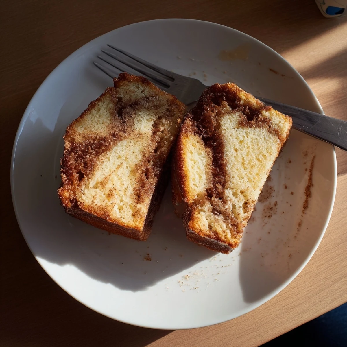 Warm cinnamon donut loaf sliced thick showing a gooey cinnamon sugar swirl inside