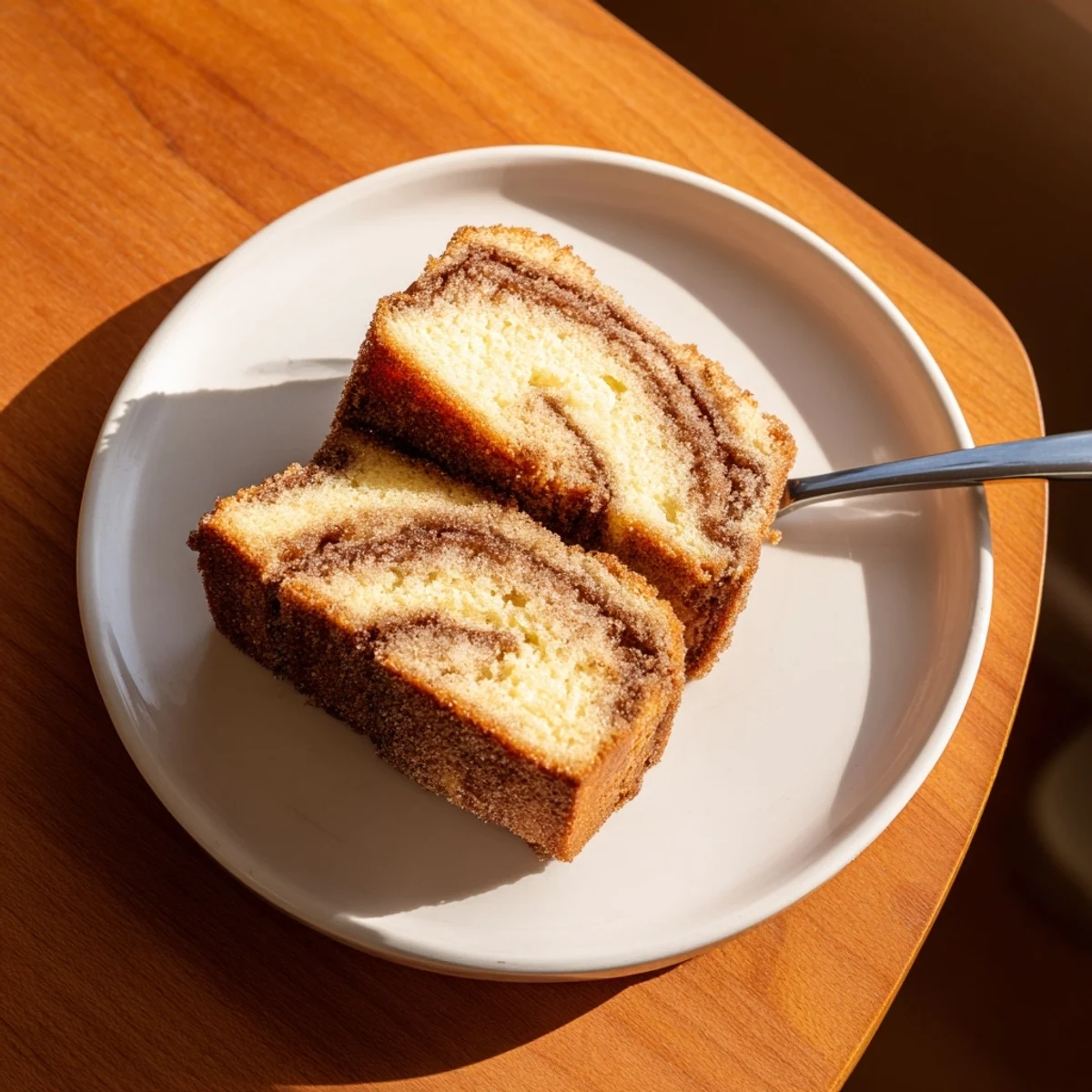 Golden cinnamon donut loaf topped with melted butter and sparkling cinnamon sugar