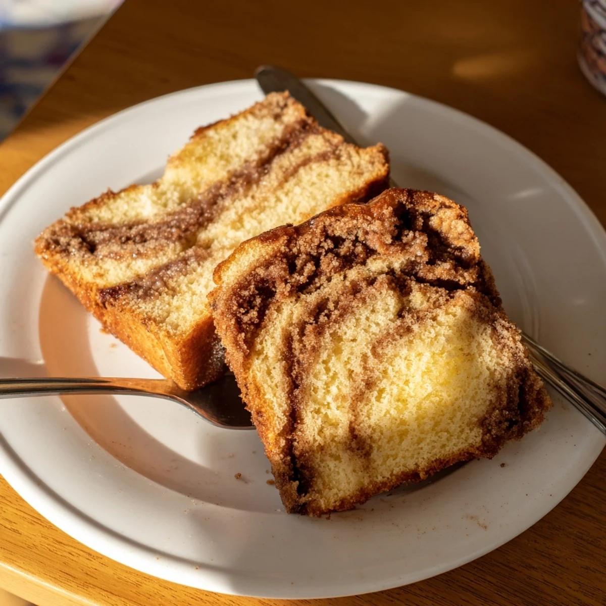 Moist cinnamon donut loaf on a wire rack with a crackled sweet crust