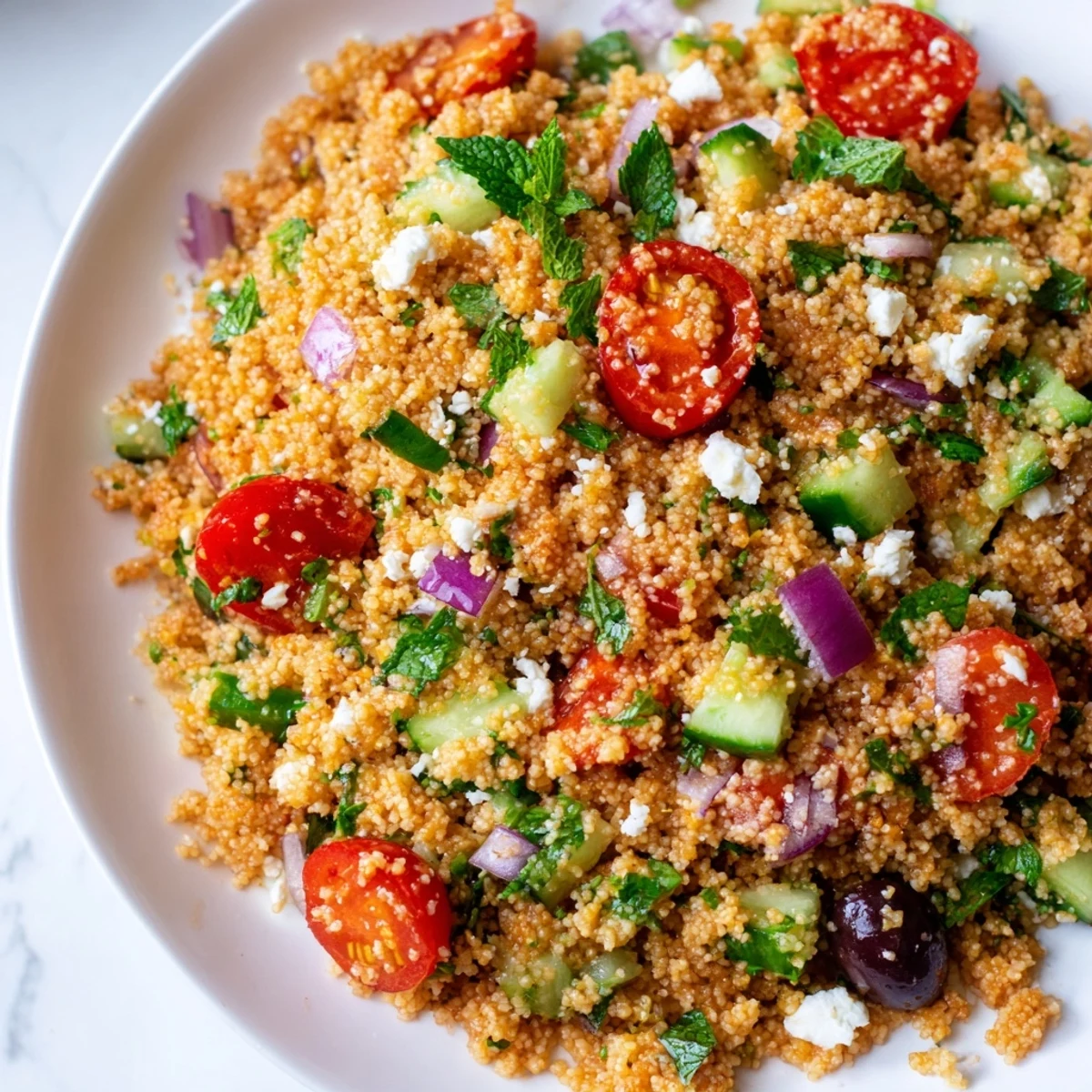 Fluffy Mediterranean couscous salad tossed with colorful diced vegetables and crumbled feta