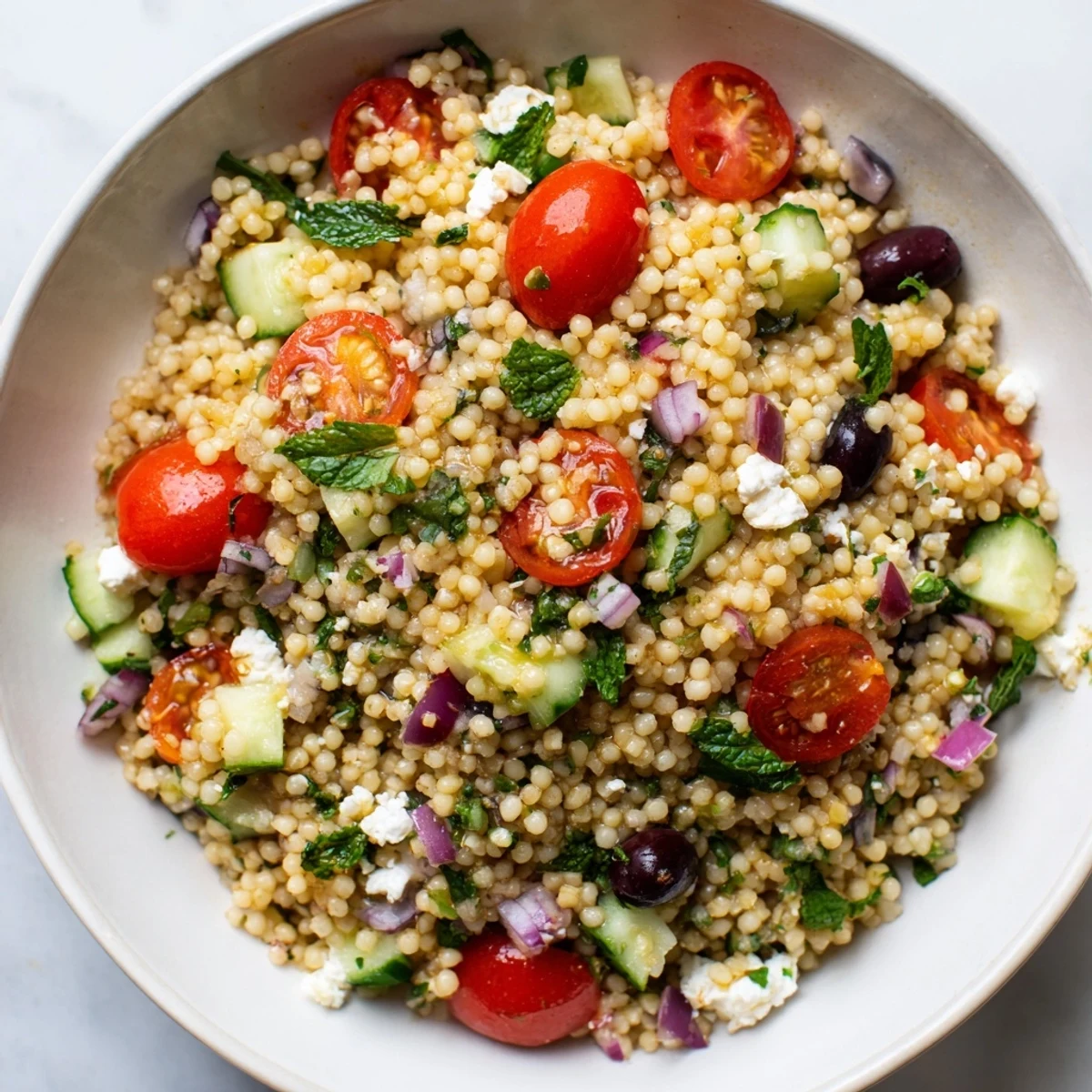 Bright Mediterranean couscous salad drizzled with spicy sweet hot honey lemon vinaigrette