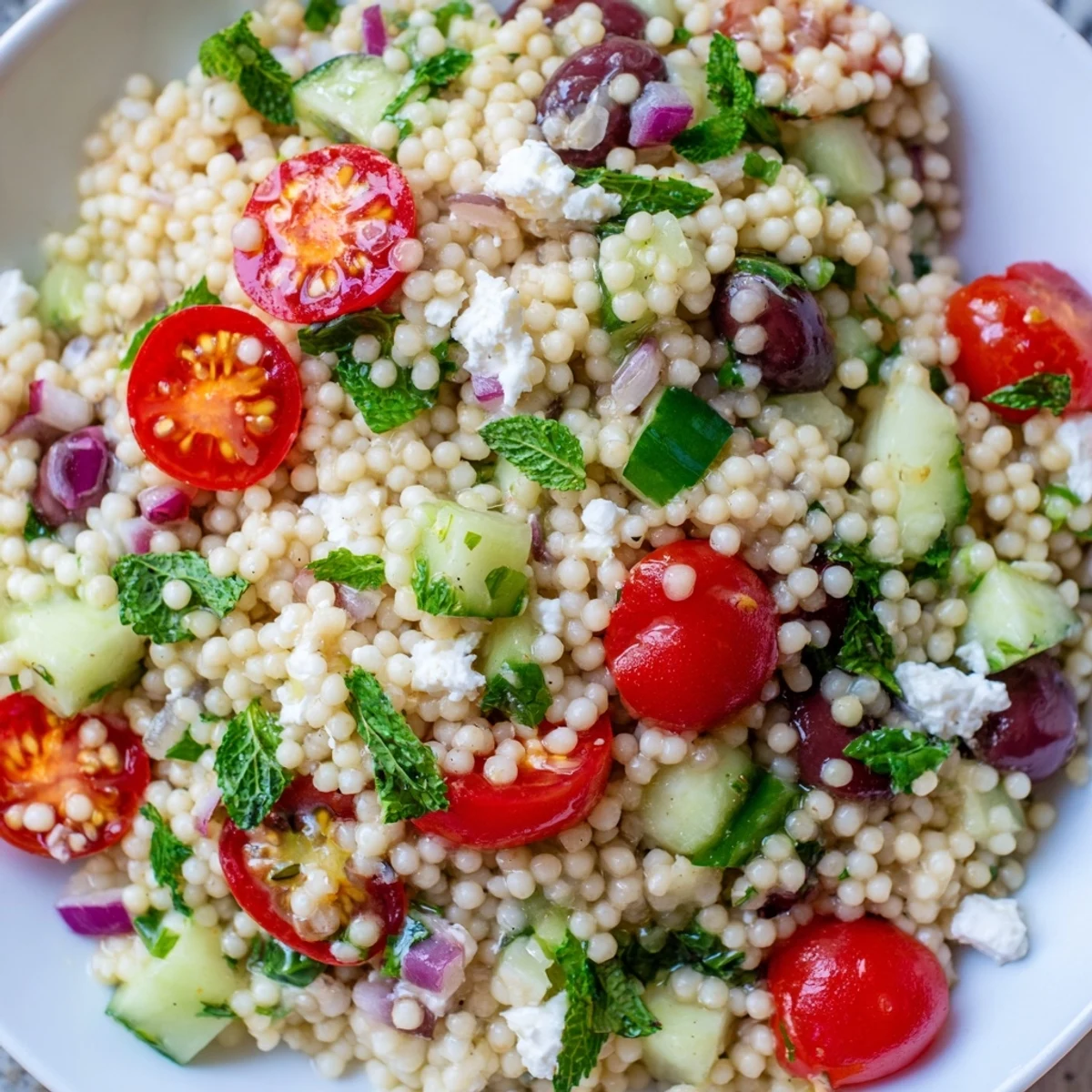 Mediterranean couscous salad in a serving bowl studded with cherry tomatoes and fresh herbs