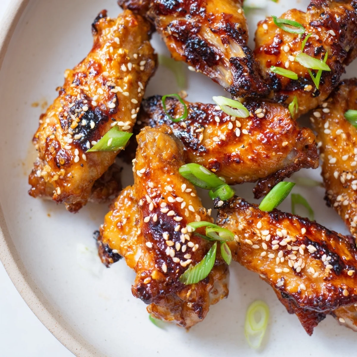 Miso honey marinated chicken wings glistening with sticky sauce on a rustic platter