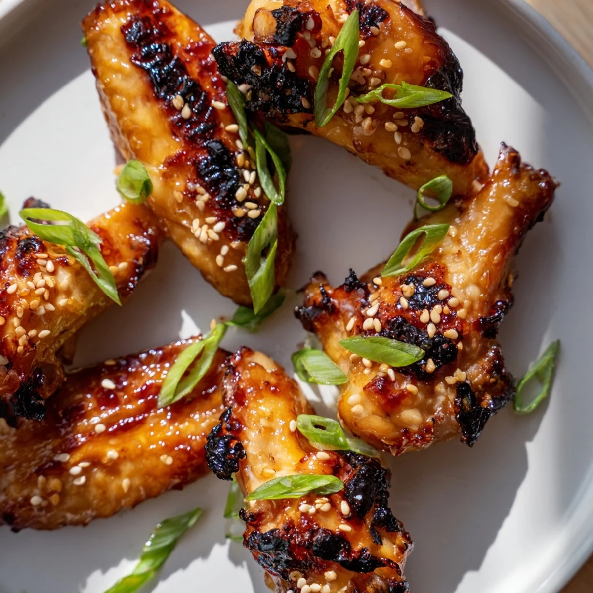 Juicy miso honey marinated chicken wings topped with sesame seeds and green onions